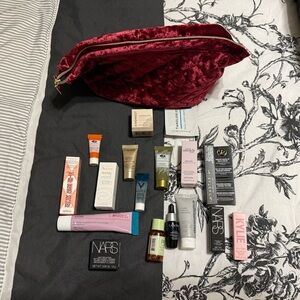 Velvet Red Makeup Bag with Assorted Beauty Products
